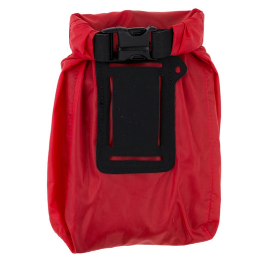 Red dry bag with a black buckle on a white background