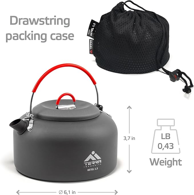 Load image into Gallery viewer, Ketel 1.3L Aluminum Camping Kettle - Ultralight Outdoor Cooking and Backpacking Teapot with Heat-Resistant Silicone Grips
