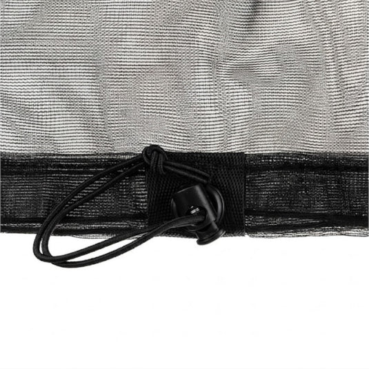 Close-up of a black mesh headnet with an elastic drawcord and plastic toggles