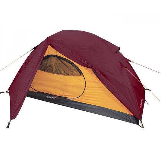 Two-person burgundy trekking tent with fiberglass poles and yellow inner tent.