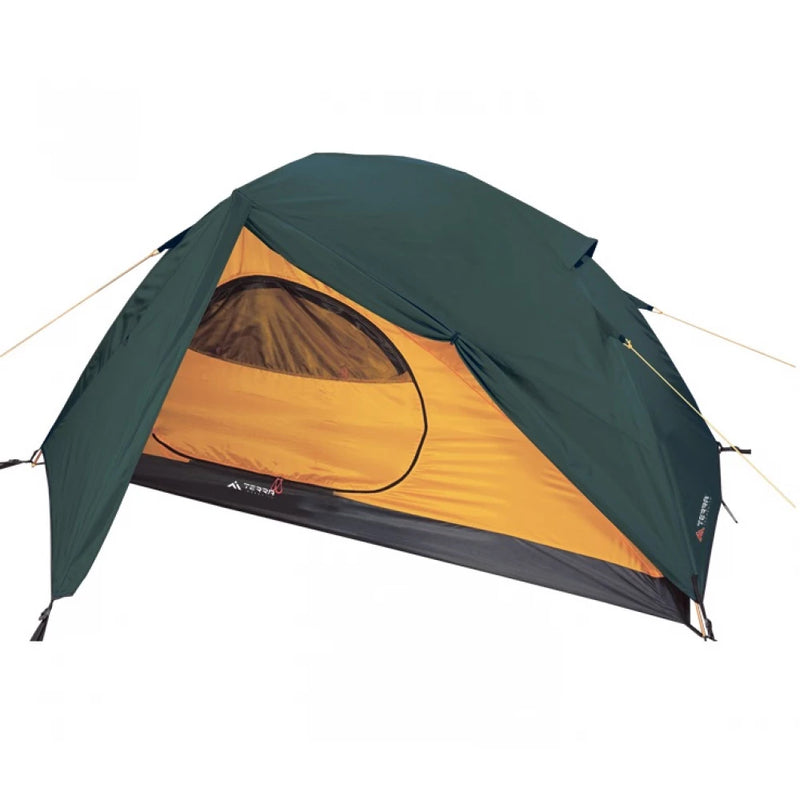Load image into Gallery viewer, 2-person green trekking tent with fiberglass poles and yellow interior canopy.
