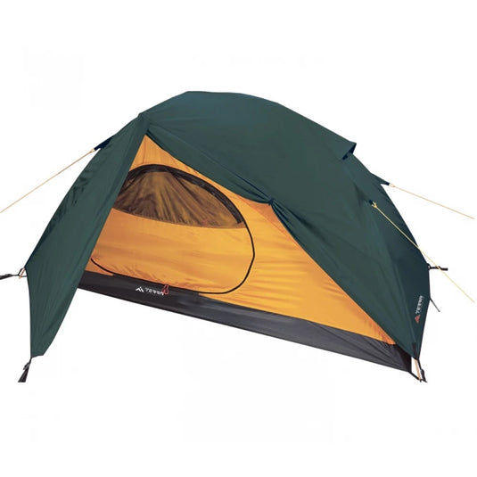 2-person green trekking tent with fiberglass poles and yellow interior canopy.