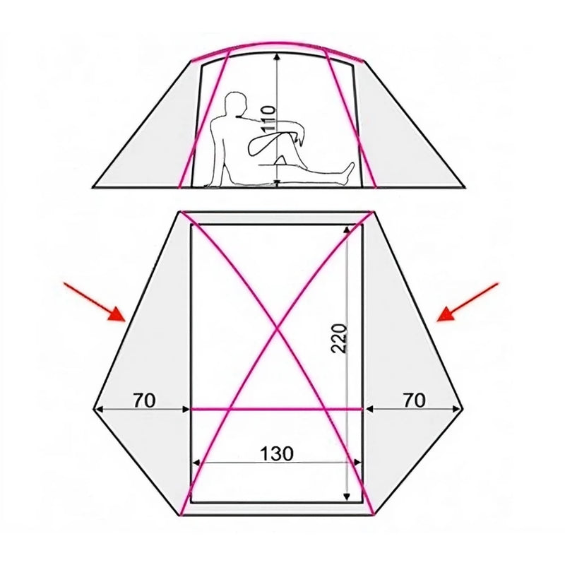 Load image into Gallery viewer, Technical floor plan and height diagram of a 2-person tent with measurements
