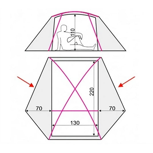 Technical floor plan and height diagram of a 2-person tent with measurements