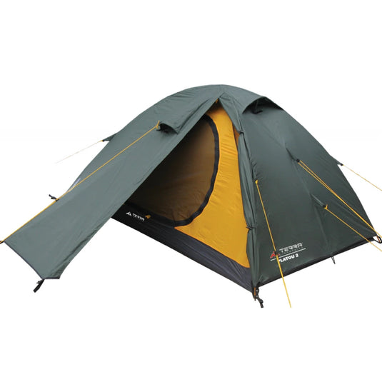 Green Platou 2 trekking tent with open vestibule and yellow inner tent.