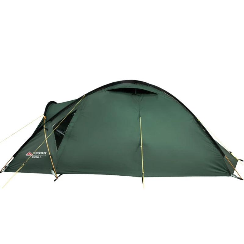 Load image into Gallery viewer, Side view of green Terra Incognita Ksena 3 tent showing aerodynamic dome shape
