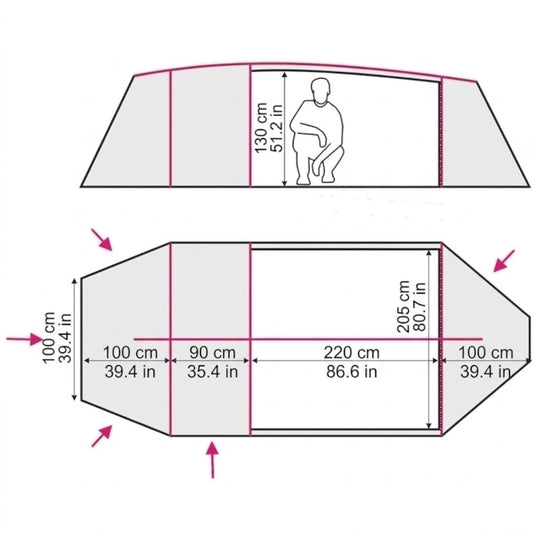 Technical drawing showing 130cm height and 220x205cm floor plan of Bravo 4 tent
