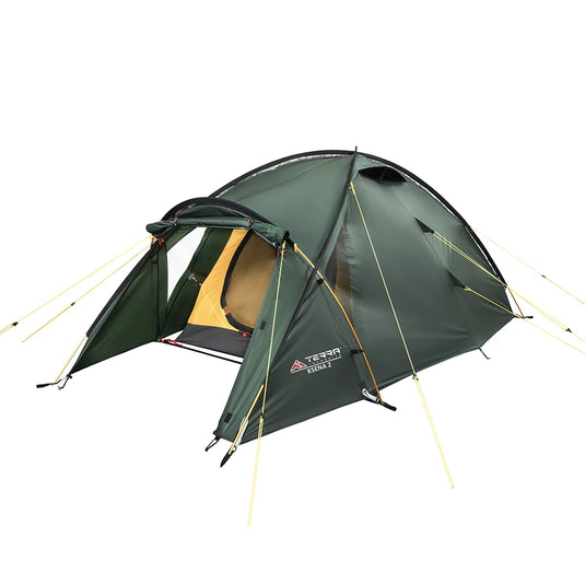 Dark green Ksena 2 trekking tent with two entrances and orange inner bedroom