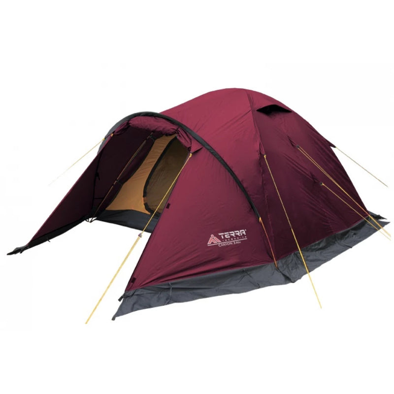 Load image into Gallery viewer, Cherry red Canyon 3 tent with open vestibule showing bright orange inner fabric
