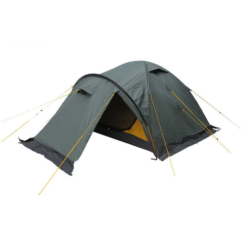 Load image into Gallery viewer, Green Canyon 3 tent with open front entrance revealing bright yellow inner tent
