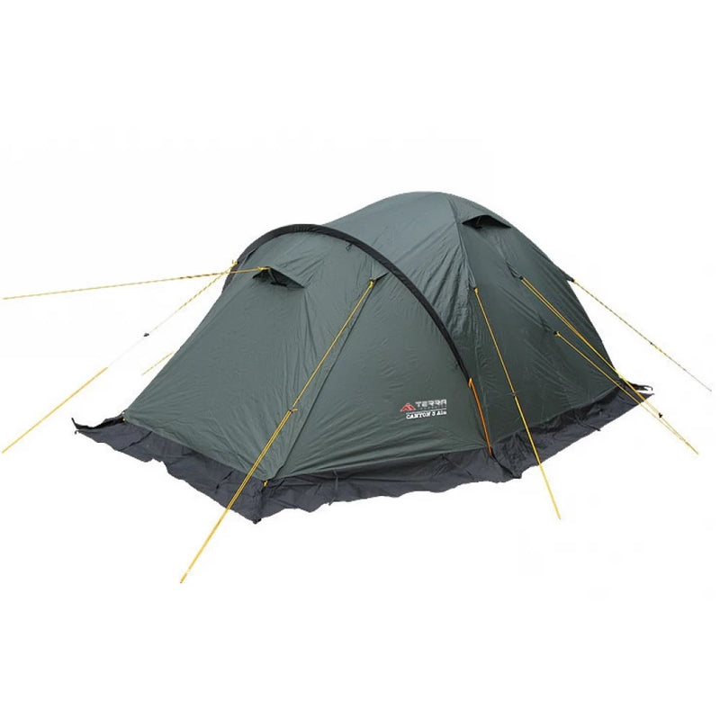 Load image into Gallery viewer, Three-quarter view of green Canyon 3 mountain tent with a closed front vestibule
