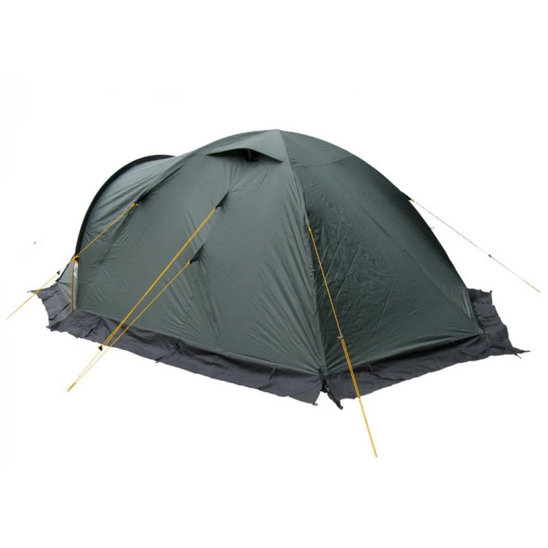 Load image into Gallery viewer, Rear view of green Canyon 3 tent with snow skirt and tensioned yellow guy lines
