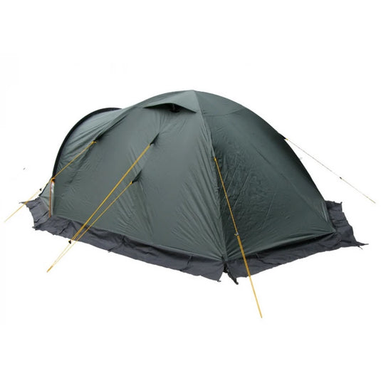 Rear view of green Canyon 3 tent with snow skirt and tensioned yellow guy lines