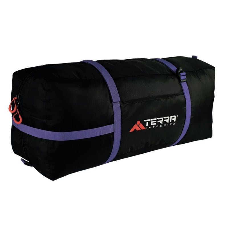 Load image into Gallery viewer, lack compression carry bag for Canyon 3 tent with purple straps and Terra 
