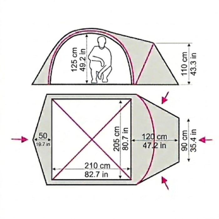 Load image into Gallery viewer, Detailed floor plan and side view diagram of Canyon 3 tent with measurements
