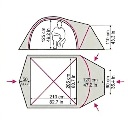 Detailed floor plan and side view diagram of Canyon 3 tent with measurements