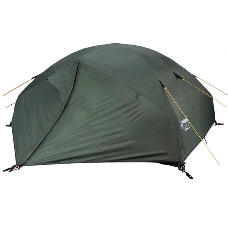 Load image into Gallery viewer, Side profile of green Cresta 2 Alu tent showing sleek aerodynamic rainfly shape
