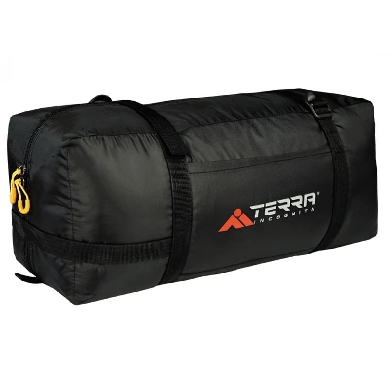 Load image into Gallery viewer, Black Terra Incognita compression bag with black straps and yellow zip pullers

