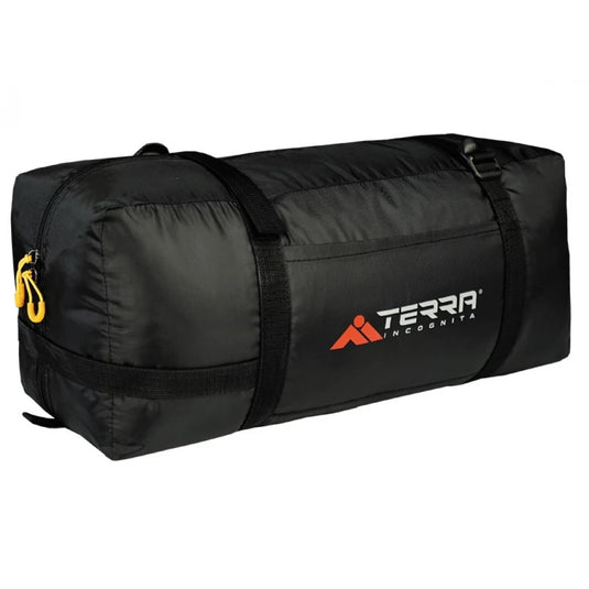 Black Terra Incognita compression bag with black straps and yellow zip pullers