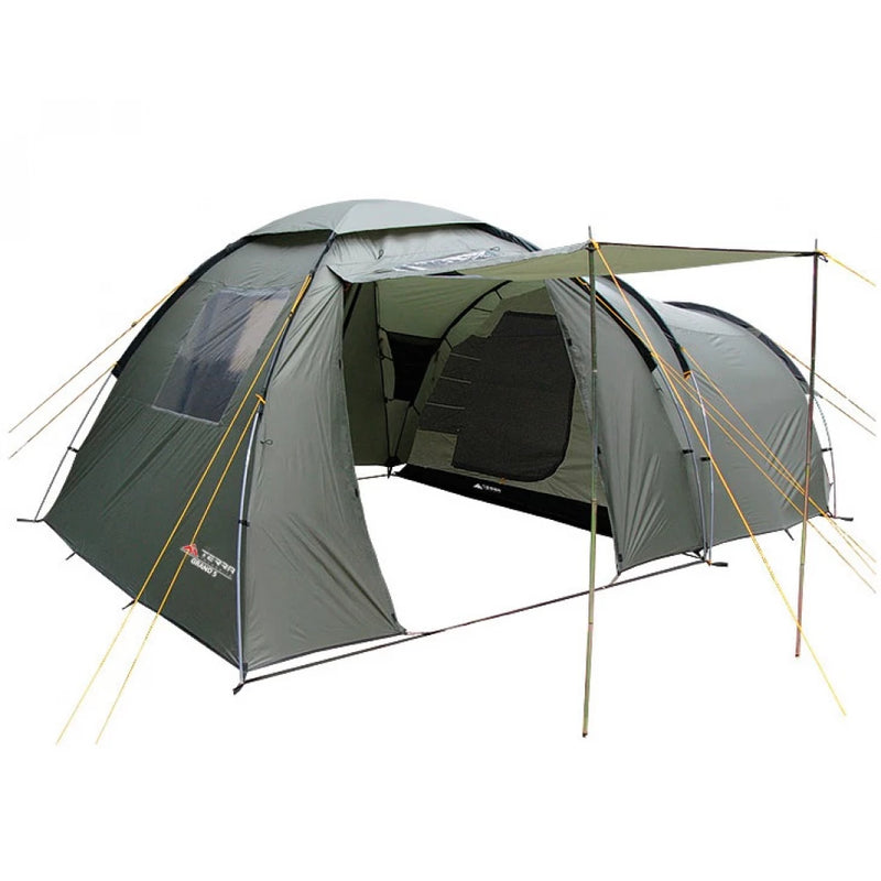Load image into Gallery viewer, Khaki Grand 5 camping tent with front canopy held by two steel poles on white
