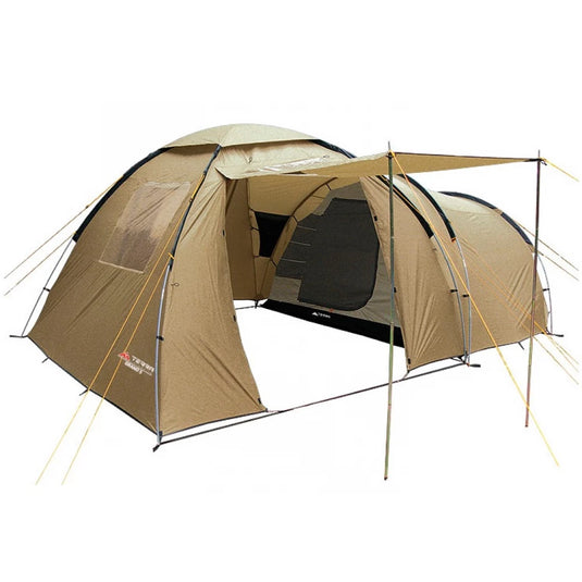 Sand-colored Grand 5 tent with convertible front canopy on steel support poles