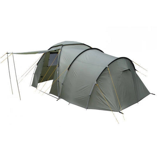 Side view of khaki Grand 5 family tent with an extended canopy on white background