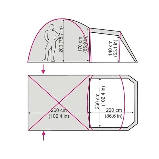 Technical diagram of Grand 5 tent showing interior height and floor size in cm/in