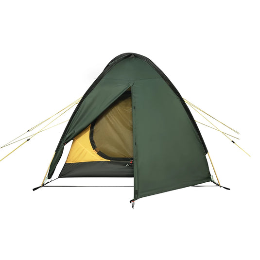 Front view of green Ksena 2 tent with one vestibule door open on white background