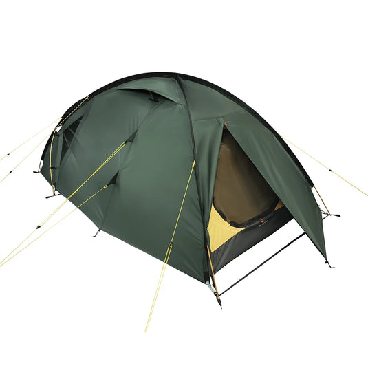Green Terra Incognita Ksena 2 tent with yellow guylines and open outer entrance
