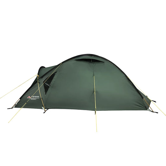 Side view of green Ksena 2 trekking tent with streamlined aerodynamic design