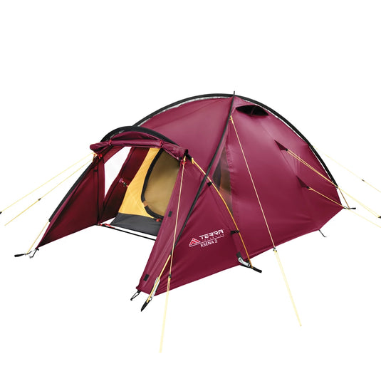 Cherry red Ksena 2 tent with open vestibule and orange inner tent on white background
