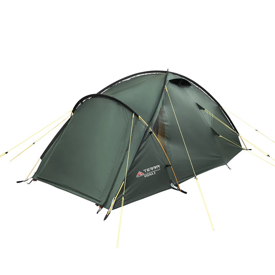 Green Terra Incognita Ksena 2 tent with three poles and yellow tension ropes