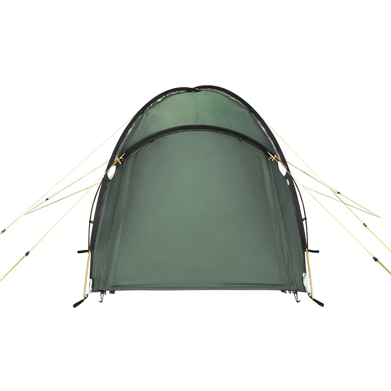 Load image into Gallery viewer, Front view of the green Ksena 2 tent showing its symmetrical aerodynamic shape
