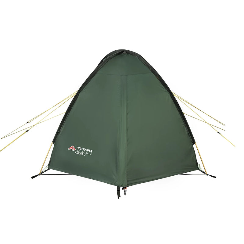 Load image into Gallery viewer, Rear view of green Ksena 2 tent with taut rainfly and yellow adjustable guylines
