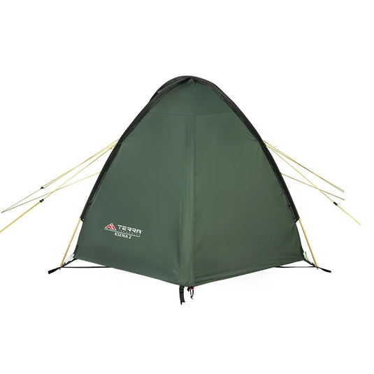Rear view of green Ksena 2 tent with taut rainfly and yellow adjustable guylines