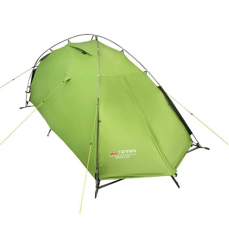 Load image into Gallery viewer, Side perspective of Ksena 2 Lite green tent with external aluminum pole frame
