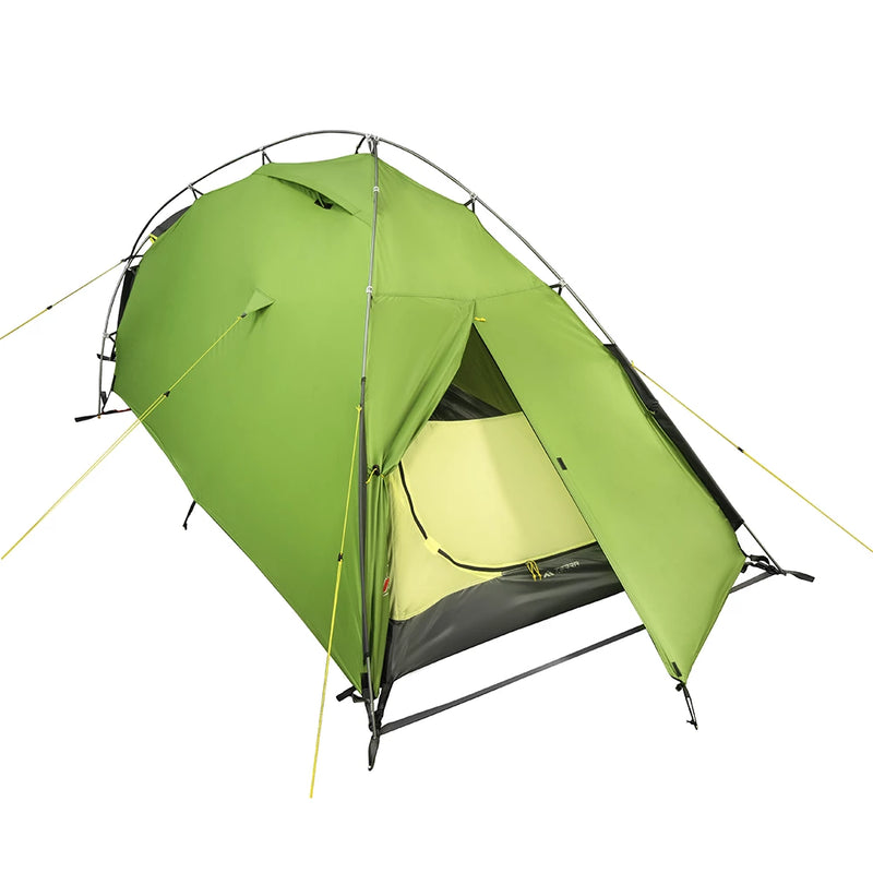 Load image into Gallery viewer, Rear perspective of Ksena 2 Lite green tent with streamlined rainfly design
