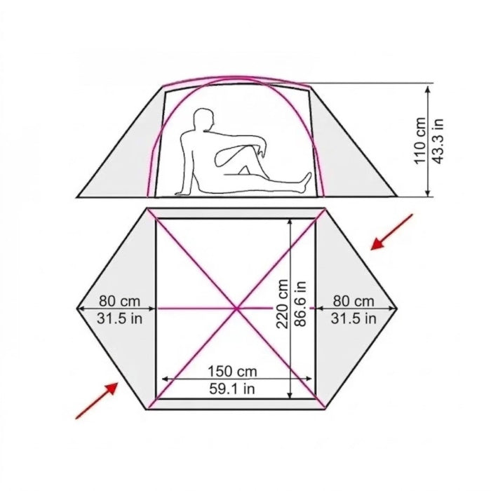 Load image into Gallery viewer, Technical size chart for Ksena 2 Lite tent showing floor area and peak height
