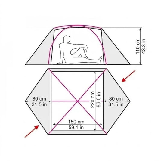 Technical size chart for Ksena 2 Lite tent showing floor area and peak height