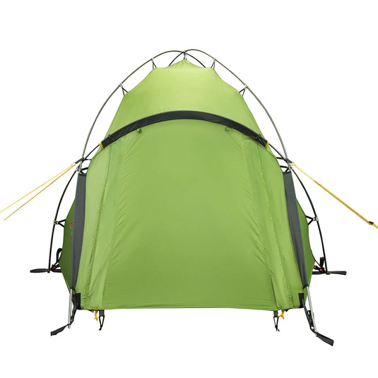 Front of Ksena 2 Lite green tent with closed rainfly on a white backgroun