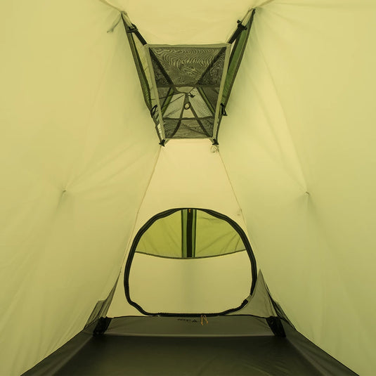 Internal view of Ksena 2 Lite tent showing ceiling gear loft and mesh door