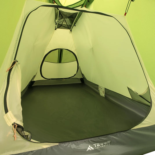 Interior of Ksena 2 Lite tent with gear loft and wide dual-zipper entrance door