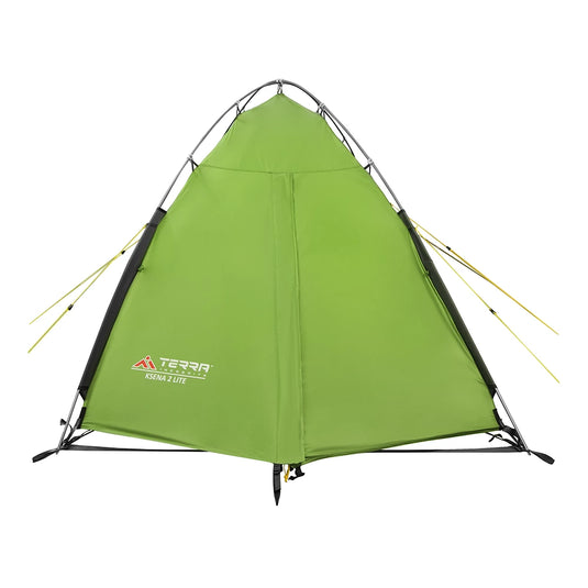 Rear view of Ksena 2 Lite green tent with streamlined waterproof fly structure