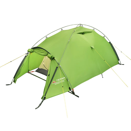 Lightweight 2-person backpacking tent with external frame and green silicone fly