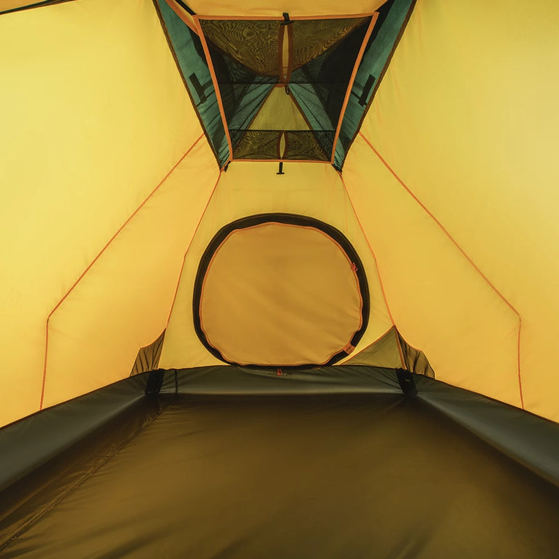 Load image into Gallery viewer, Yellow interior of Ksena 2 tent showing ceiling mesh vents and round inner door
