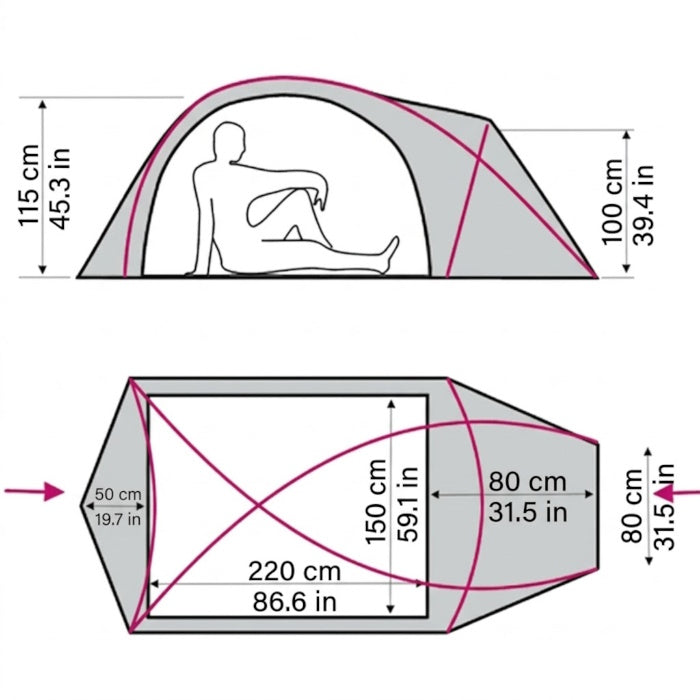 Load image into Gallery viewer, Size diagram for Ksena 2 showing interior height and floor dimensions in cm/in
