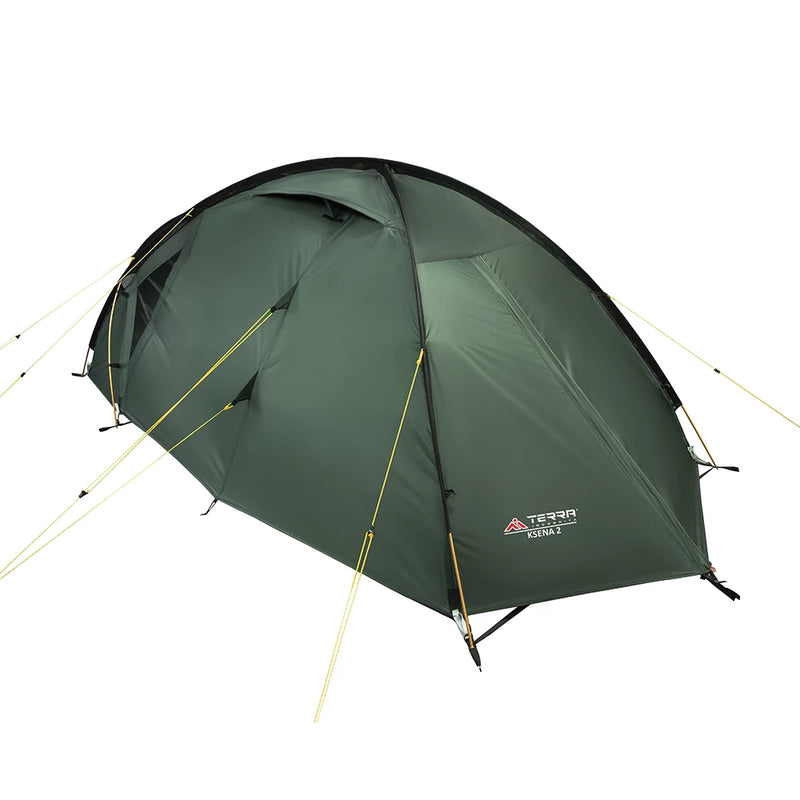 Load image into Gallery viewer, Rear view of green Ksena 2 tent showing ventilation window and sturdy 3-pole frame
