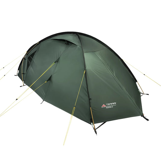 Rear view of green Ksena 2 tent showing ventilation window and sturdy 3-pole frame