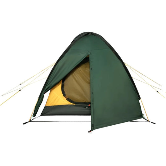 Front view of green Terra Incognita Ksena 3 tent with half-open rainfly entrance