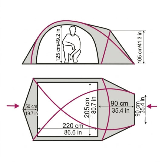 Technical diagram of Ksena 3 tent showing height and floor plan measurements